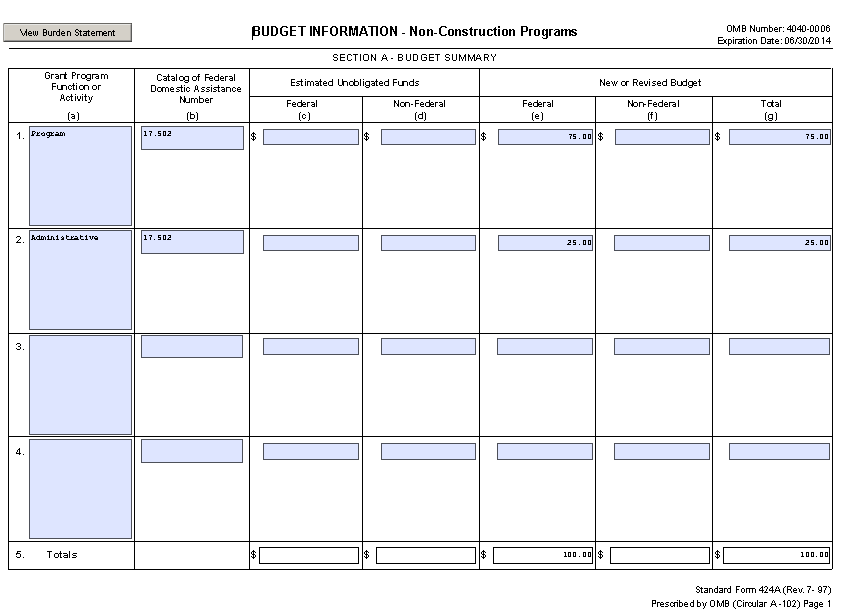 Sample picture of page 1 of the SF424A Budget Information