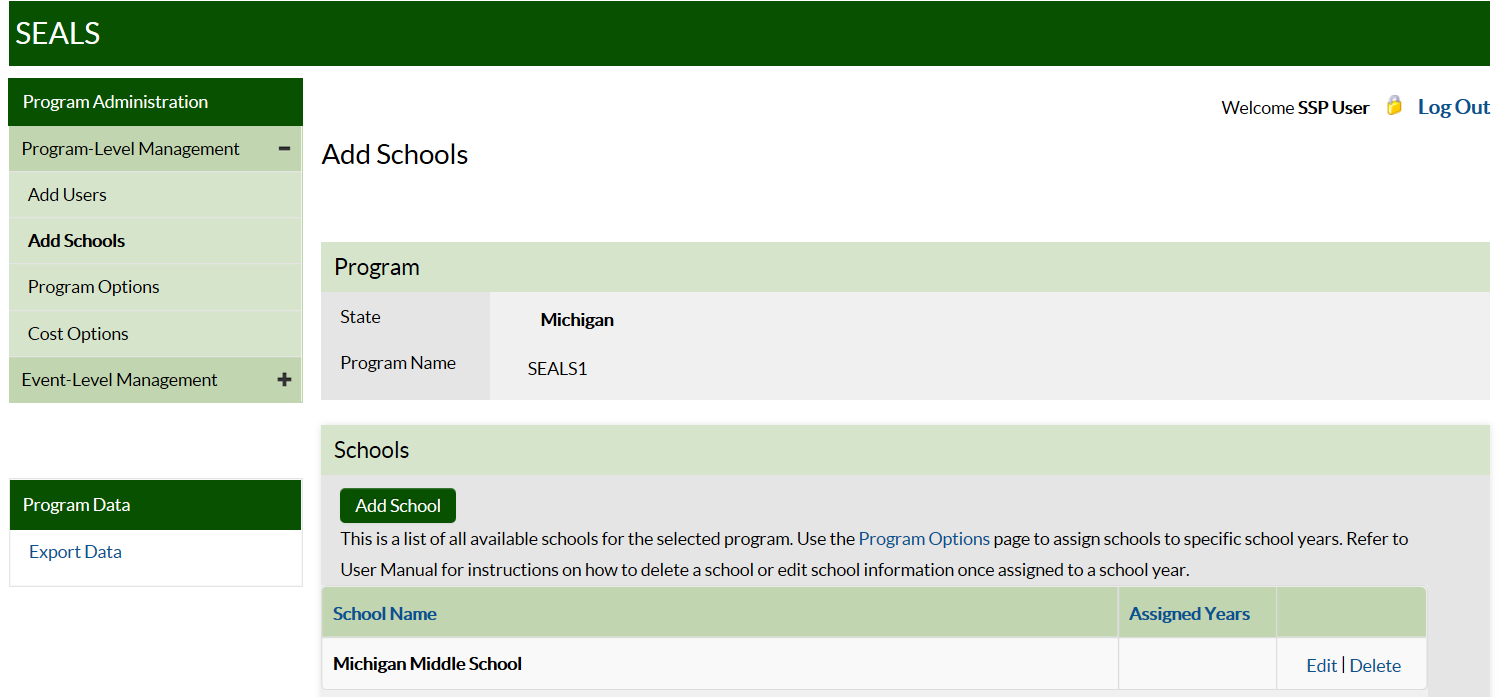 Screenshot of SEALS Add Schools page