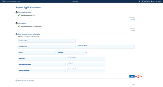 Request Application Access - Enter Business Contact Information
