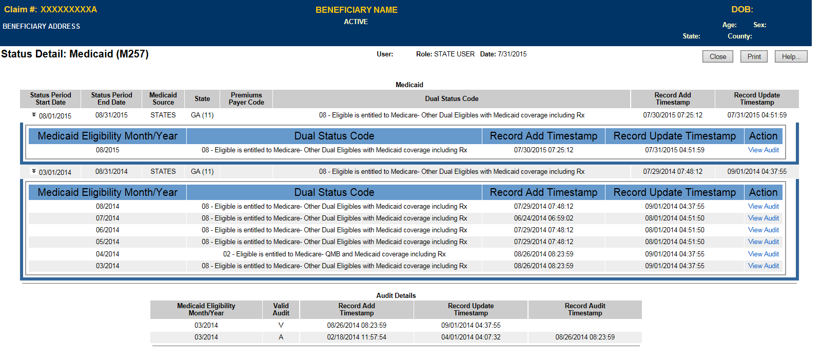 State User Status Detail Audited Record (M257)